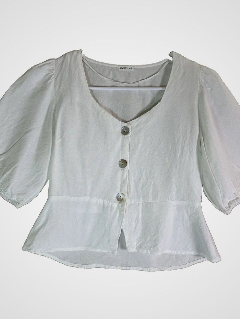 oysho top Linen Blend Crop Peplum Puff Sleeve Coastal Summer Soft Girl Sz S